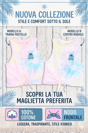 Canotta Stitch DISNEY Bambina Smanicata Tie-Dye con Nodo Frontale 100% Cotone - Ez10051bianco