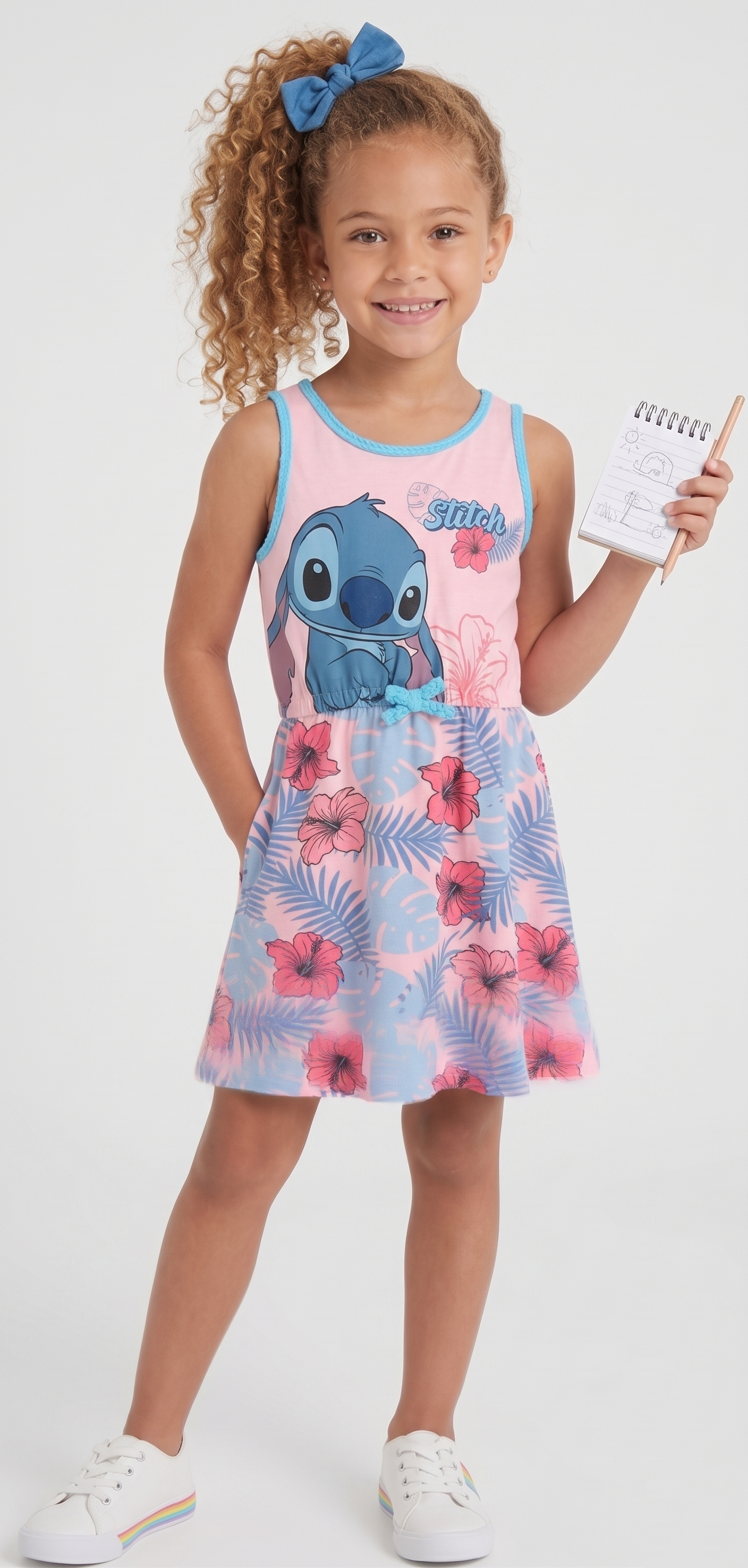 Abito Stitch DISNEY Smanicato Bambina Vestitino Scamiciata in Cotone - Ez10075rosa