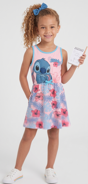 Abito Stitch DISNEY Smanicato Bambina Vestitino Scamiciata in Cotone - Ez10075rosa