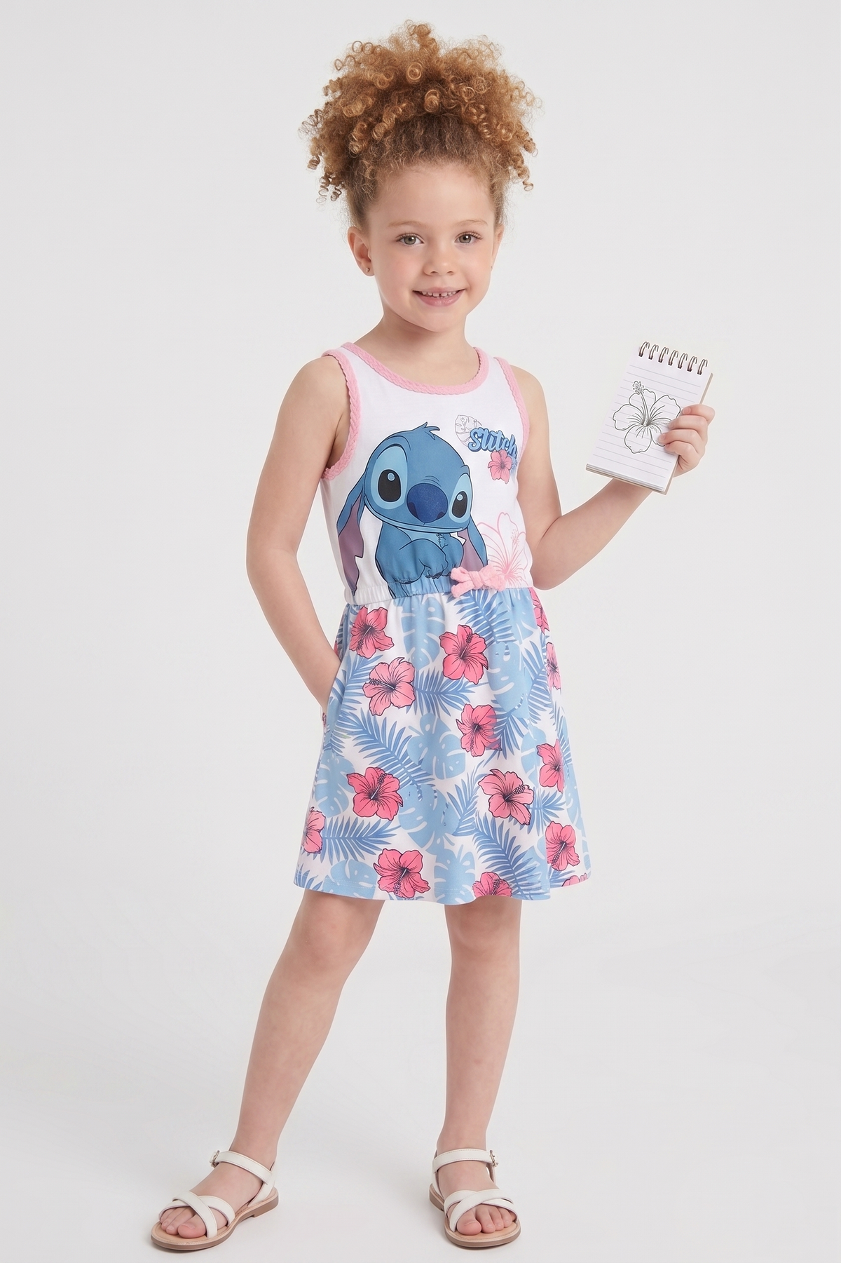 Abito Stitch DISNEY Smanicato Bambina Vestitino Scamiciata in Cotone - Ez10075bianco