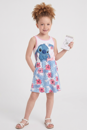 Abito Stitch DISNEY Smanicato Bambina Vestitino Scamiciata in Cotone - Ez10075bianco