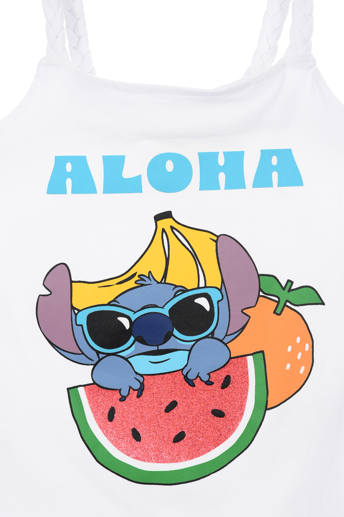 Canotta Stitch Aloha DISNEY Bambina con Spalline Incrociate 100% Cotone - Ez10052bianco