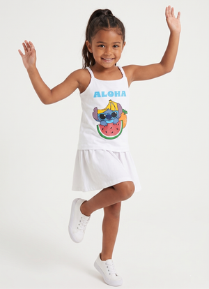 Canotta Stitch Aloha DISNEY Bambina con Spalline Incrociate 100% Cotone - Ez10052bianco