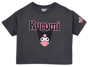 T-Shirt Crop Top Kuromi Sanrio Maglietta Maniche Corte 100% Cotone Ragazzina - Ez16024grigio