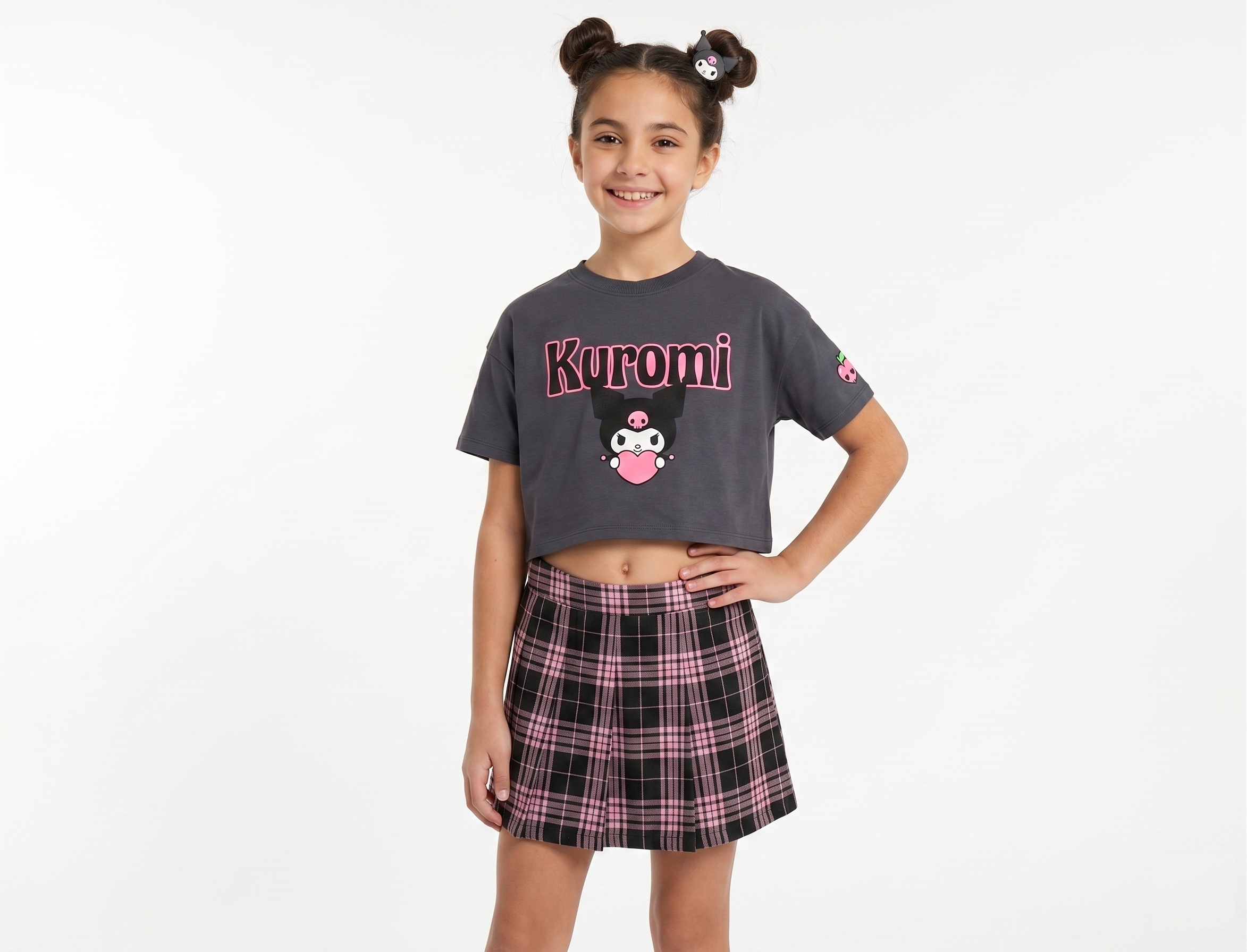 T-Shirt Crop Top Kuromi Sanrio Maglietta Maniche Corte 100% Cotone Ragazzina - Ez16024grigio
