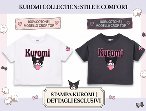 T-Shirt Crop Top Kuromi Sanrio Maglietta Maniche Corte 100% Cotone Ragazzina - Ez16024grigio