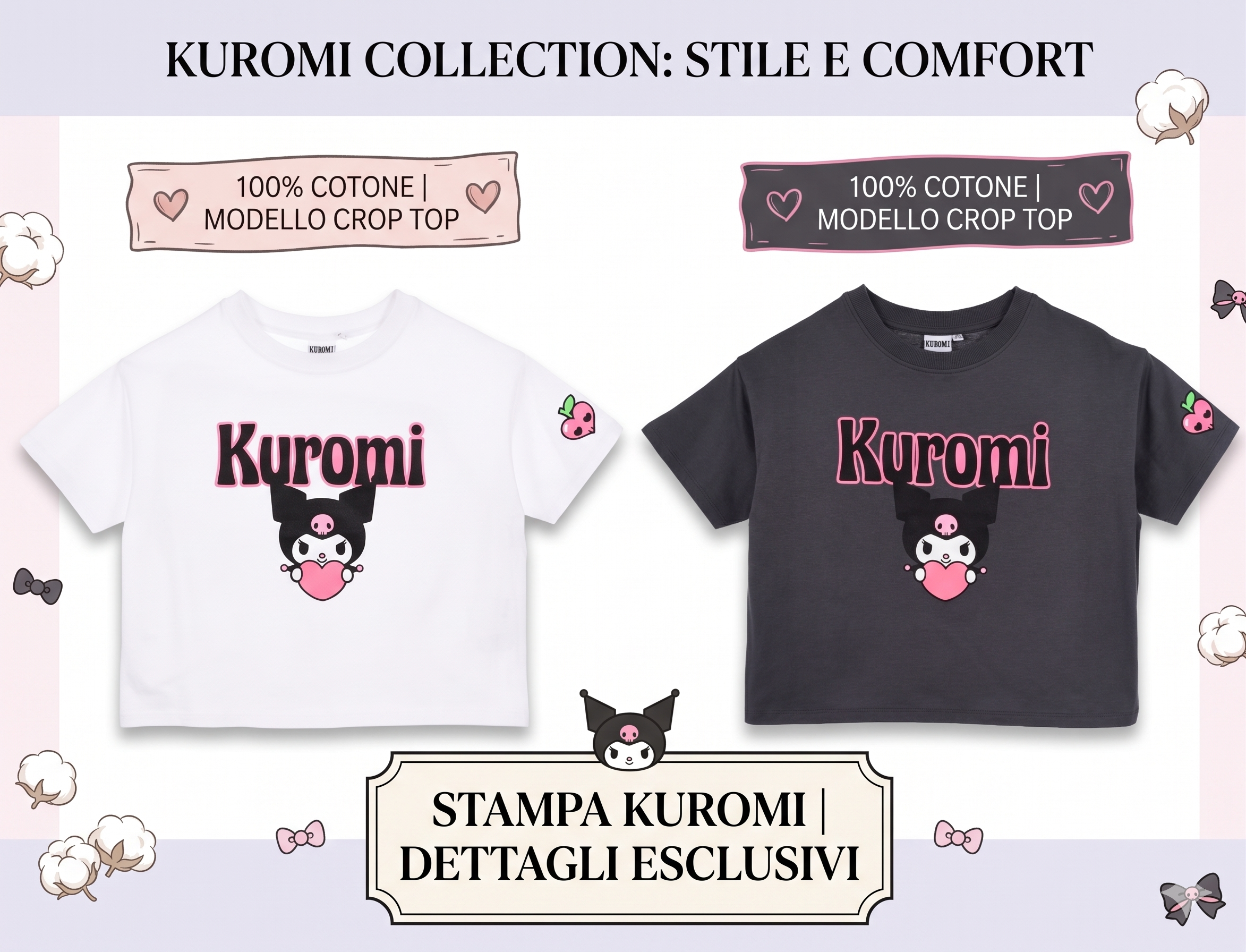 T-Shirt Crop Top Kuromi Sanrio Maglietta Maniche Corte 100% Cotone Ragazzina - Ez16024grigio