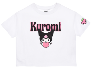 T-Shirt Crop Top Kuromi Sanrio Maglietta Maniche Corte 100% Cotone Ragazzina - Ez16024bianco