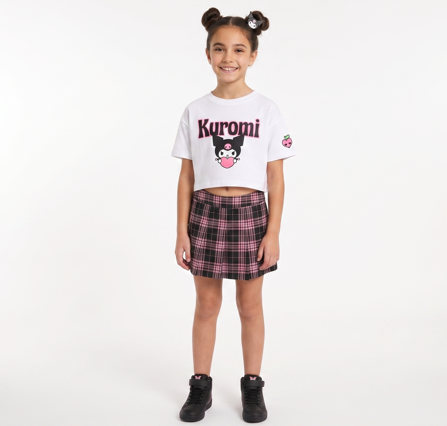 T-Shirt Crop Top Kuromi Sanrio Maglietta Maniche Corte 100% Cotone Ragazzina - Ez16024bianco