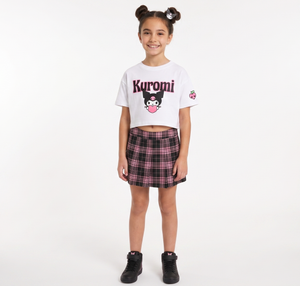 T-Shirt Crop Top Kuromi Sanrio Maglietta Maniche Corte 100% Cotone Ragazzina - Ez16024bianco