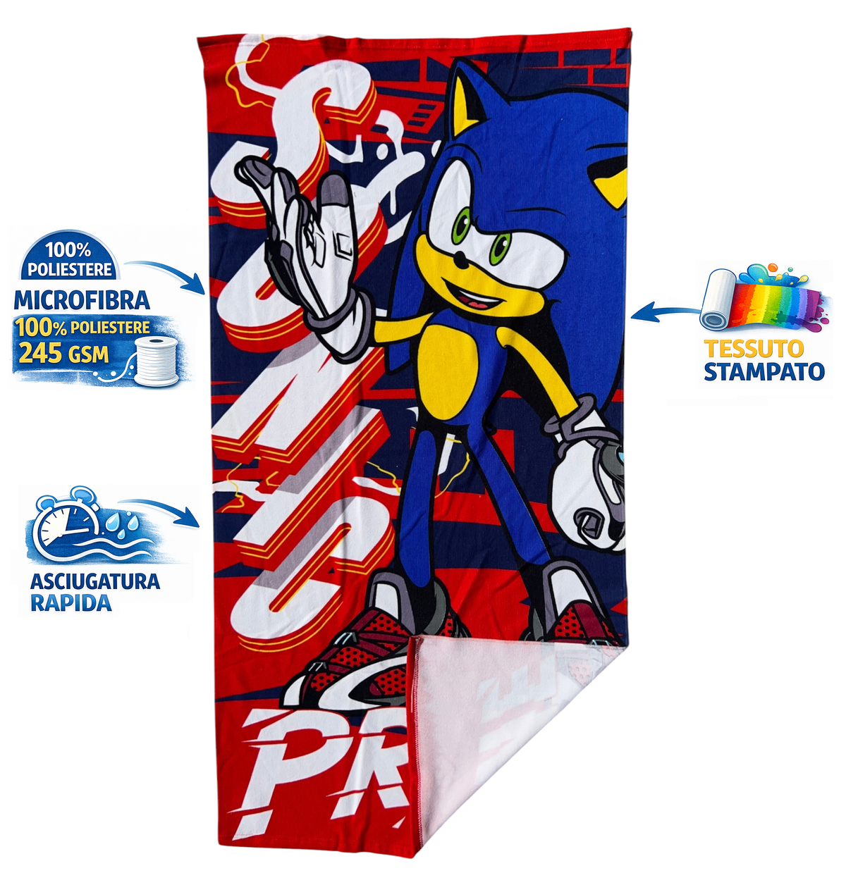 Telo Mare Sonic Asciugamano per Bambini in Microfibra CM 140x70 - Scp2103