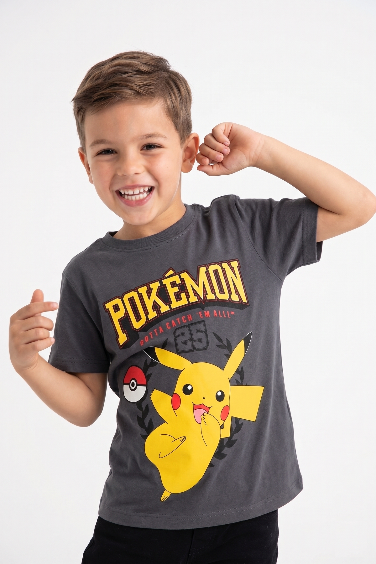 T-Shirt Pikachu Pokémon Maniche Corte Maglietta 100% Cotone Bambino - Ez10112grigio