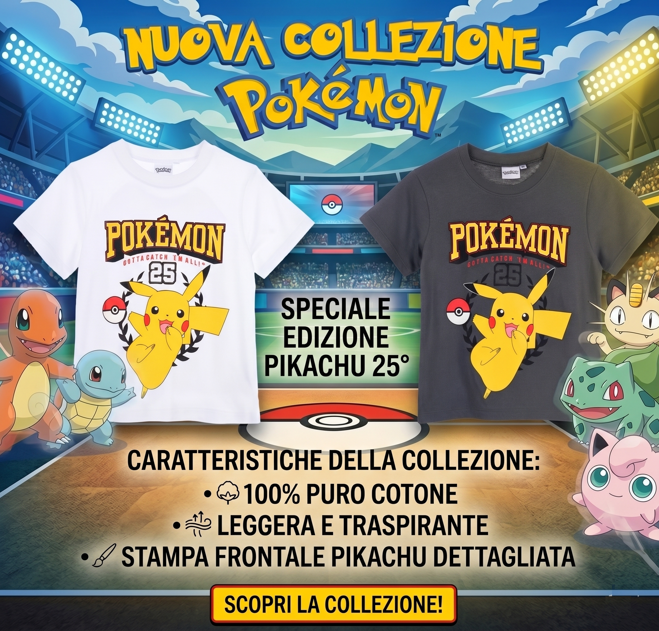 T-Shirt Pikachu Pokémon Maniche Corte Maglietta 100% Cotone Bambino - Ez10112bianco