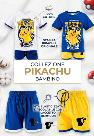 Completo Pikachu Pokémon 2 Pezzi T-Shirt e Bermuda in Cotone Bambino - Ez10225blu
