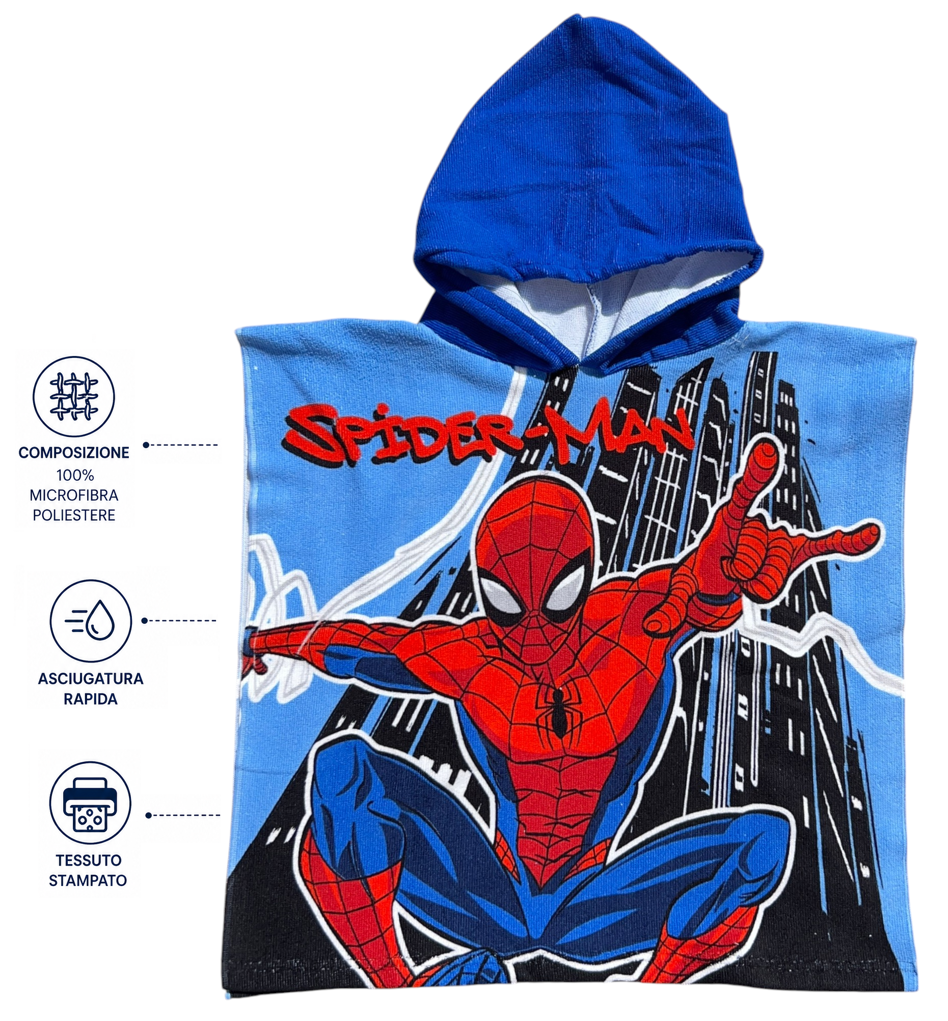 Poncho Mare Spiderman MARVEL 100 X 50 CM Accappatoio per Bambini 100% Pl - Spm2059
