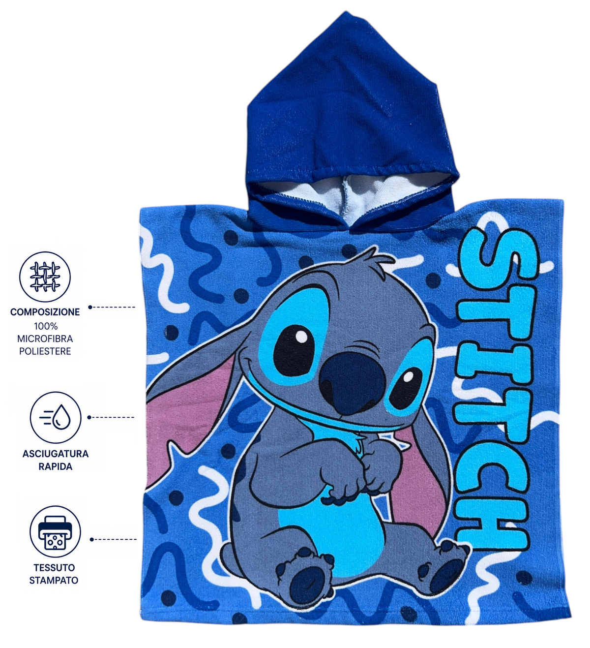 Poncho Mare Stitch DISNEY 100 X 50 CM Accappatoio per Bambini 100% Pl - Sti2075