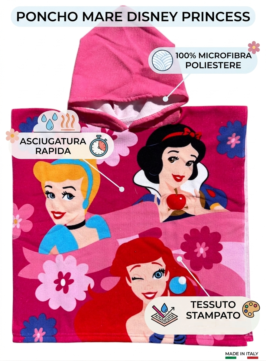 Poncho Mare Principesse DISNEY 100 X 50 CM Accappatoio per Bambini 100% Pl - Pri2096