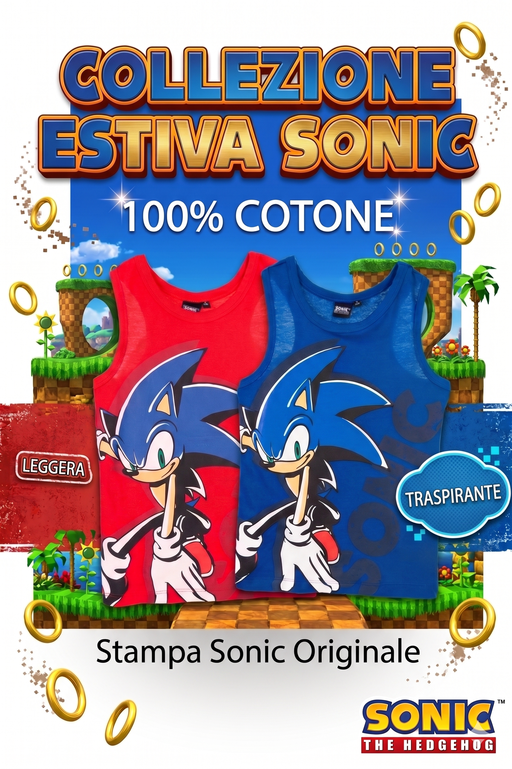 Canotta Sonic the Hedgehog Bambino Smanicata 100% Cotone con Stampa Frontale - Ez10123rosso