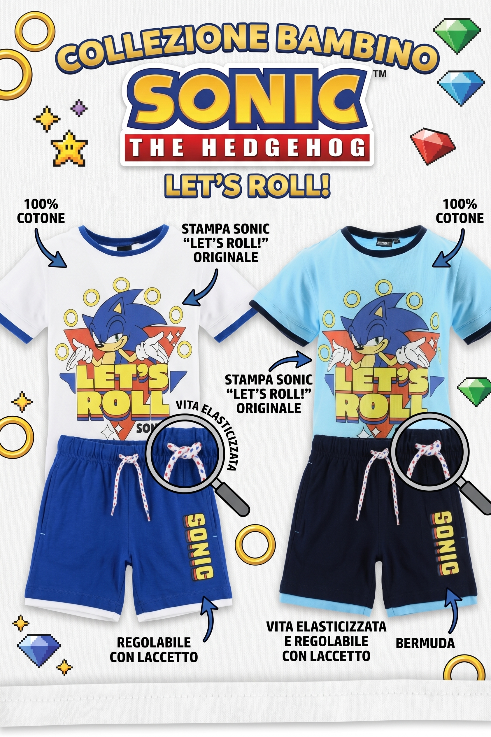 Completo Sonic the Hedgehog 2 Pezzi T-Shirt e Bermuda in Cotone Bambino - Ez10226azzurro
