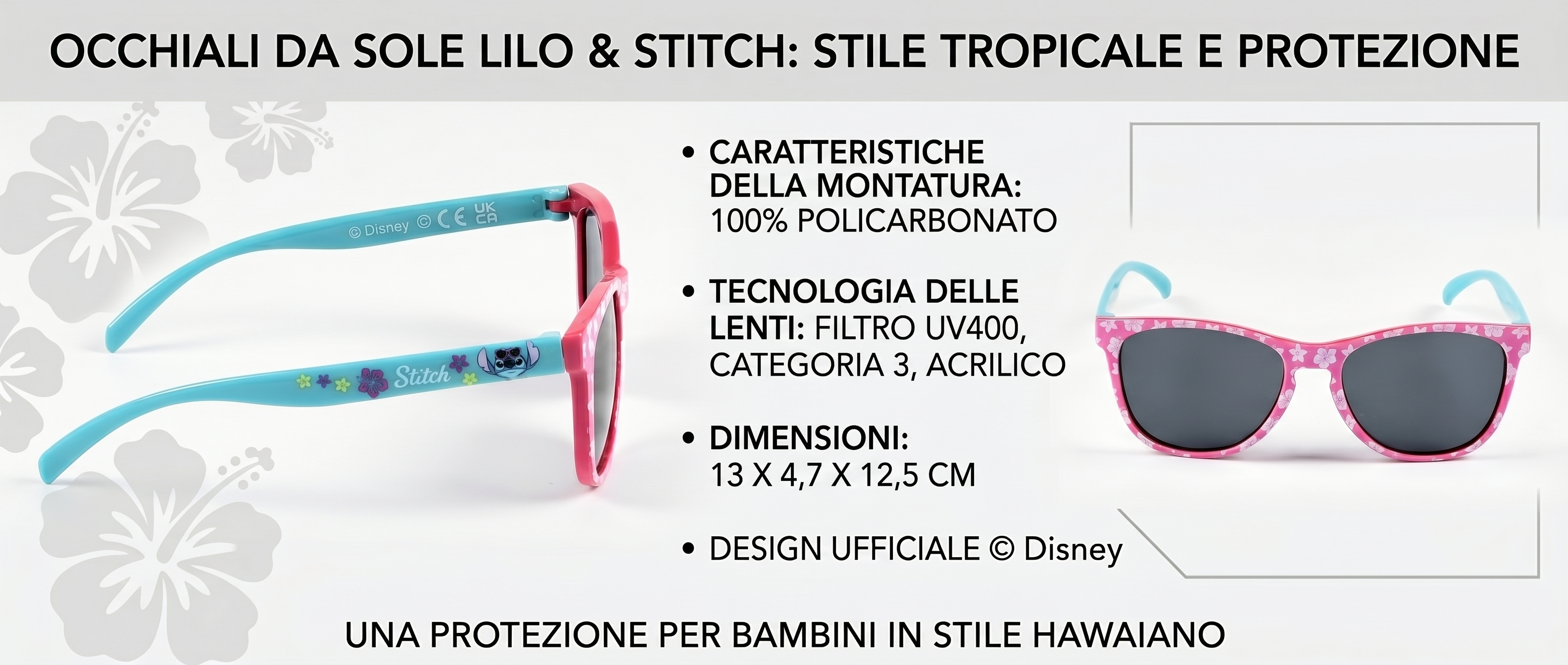 Occhiali da Sole Stitch DISNEY Bambina Uv400 Filtro 3 Montatura in Policarbonato - Ez25002