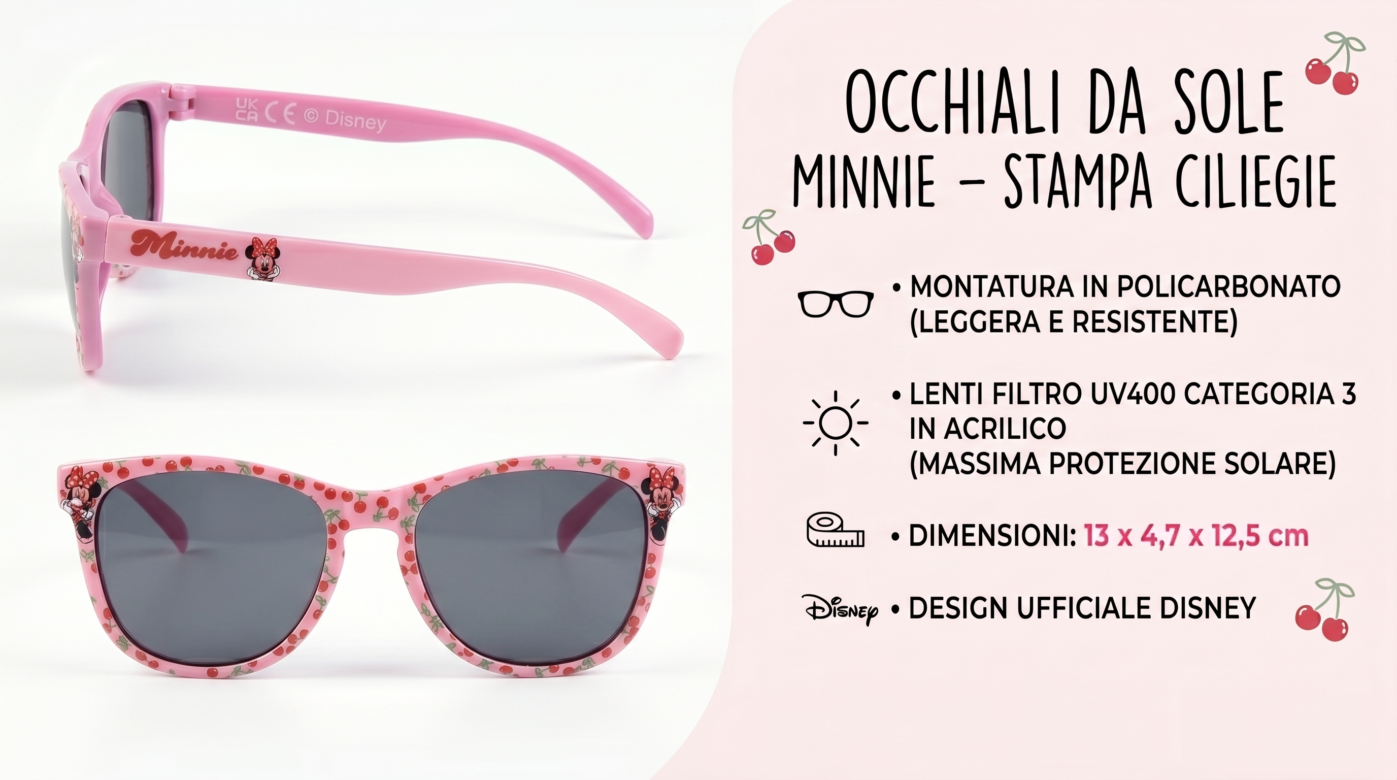 Occhiali da Sole Minnie DISNEY Bambina Uv400 Filtro 3 Montatura in Policarbonato - Ez25020