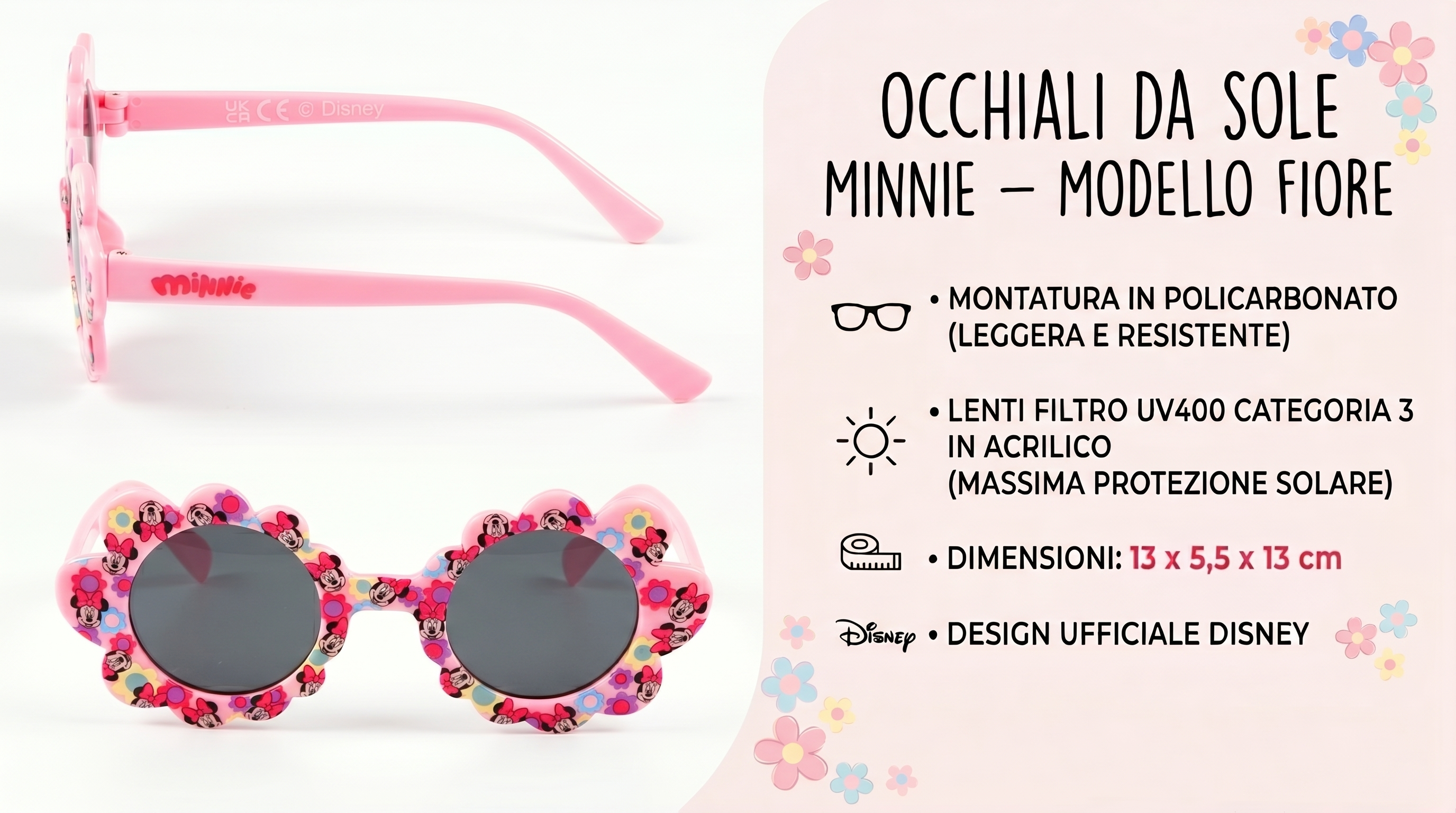 Occhiali da Sole Minnie DISNEY Bambina Uv400 Filtro 3 Montatura Fiore in Policarbonato - Ez25022