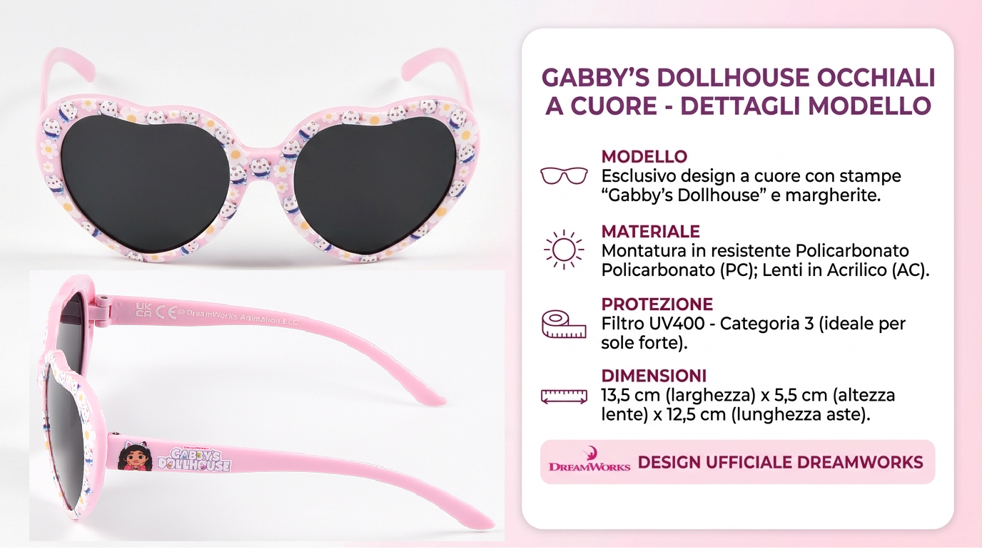 Occhiali da Sole Gabby's Dollhouse Bambina Uv400 Filtro 3 Montatura Cuore in Policarbonato - Ez25000