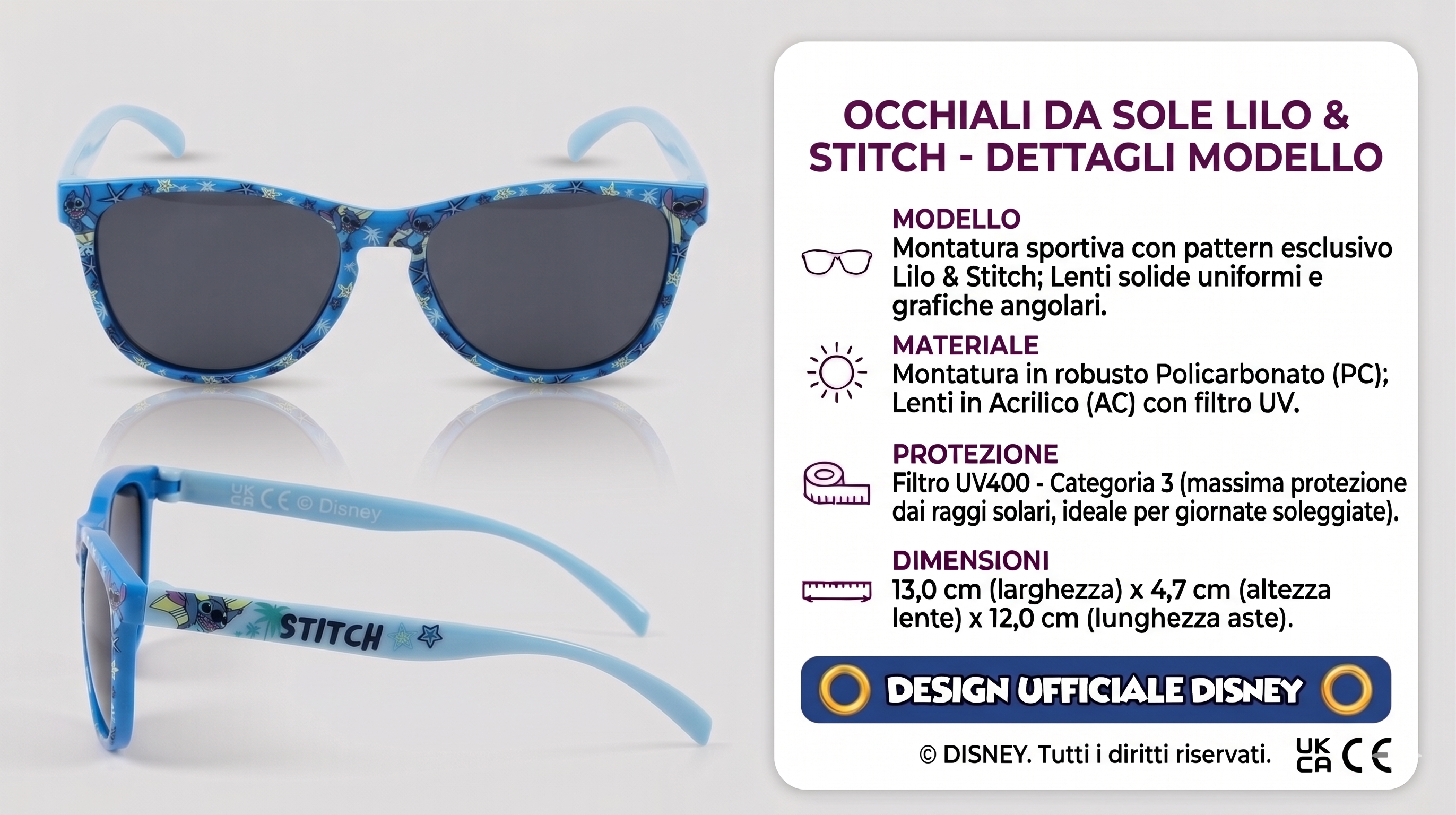 Occhiali da Sole Stitch DISNEY Bambino Filtro Uv400 Montatura in Policarbonato -  Ez25007