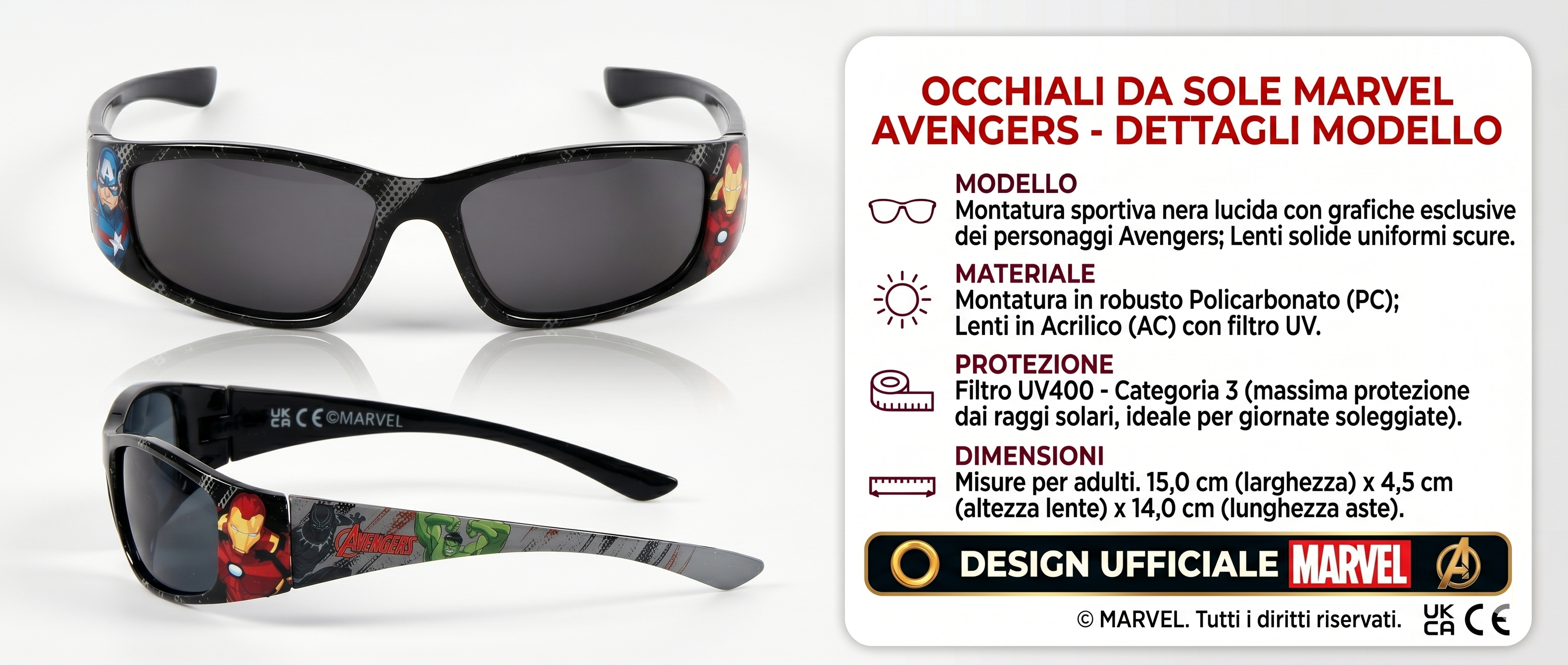 Occhiali da Sole MARVEL Avengers Bambino Filtro Uv400 Montatura in Policarbonato -  Ez25005
