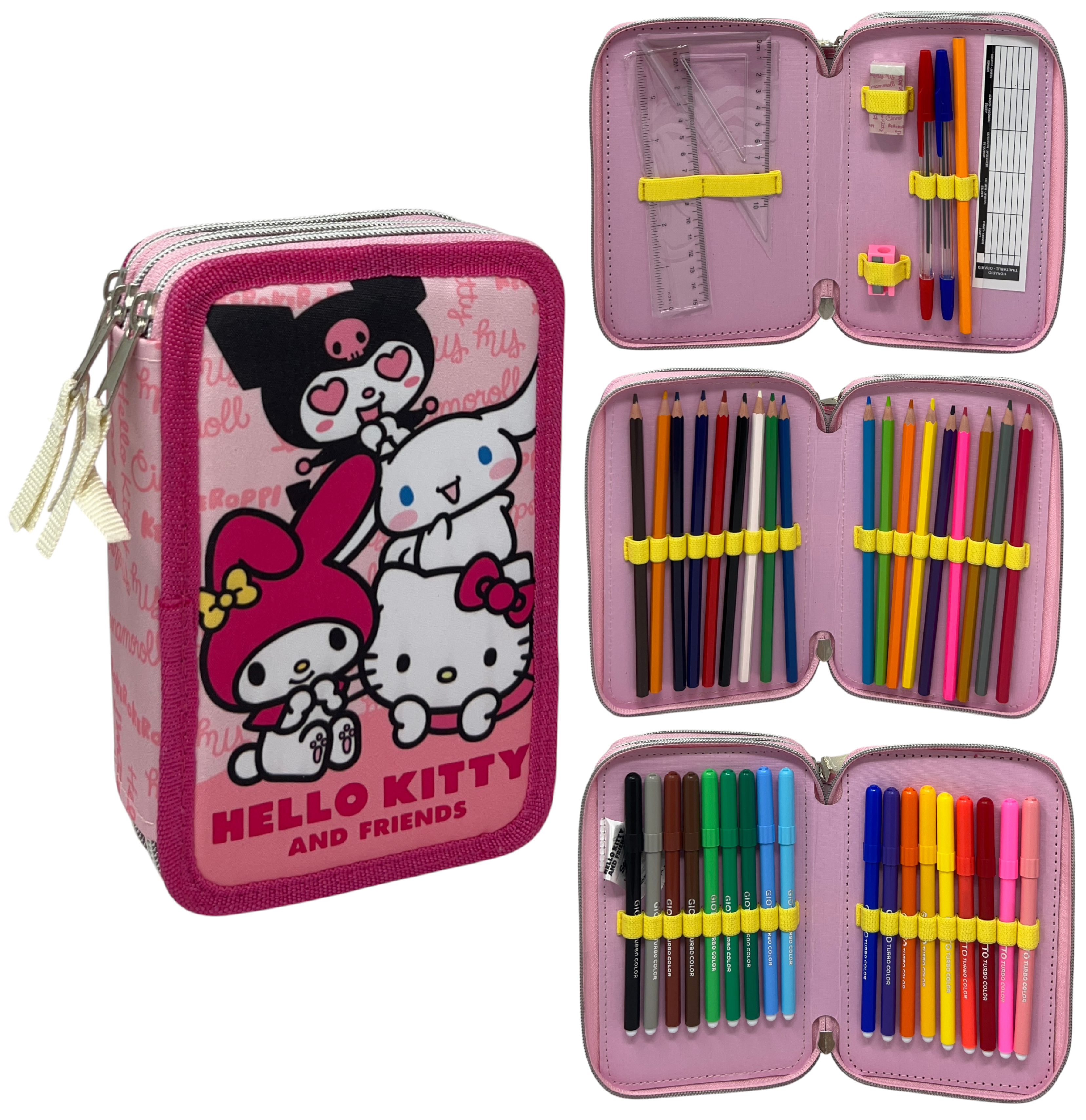 Astuccio Scuola Hello Kitty and Friends Sanrio Multiscomparto 3 Zip Portacolori Giotto - 5558