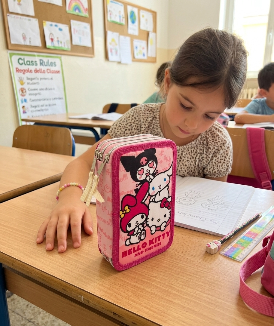 Astuccio Scuola Hello Kitty and Friends Sanrio Multiscomparto 3 Zip Portacolori Giotto - 5558