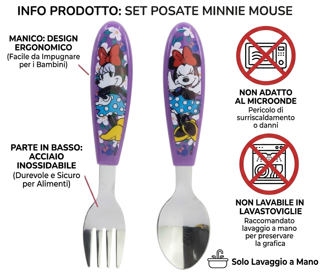 Posate Minnie DISNEY Forchetta e Cucchiaio in Acciaio Inox Manico Ergonomico- St81218