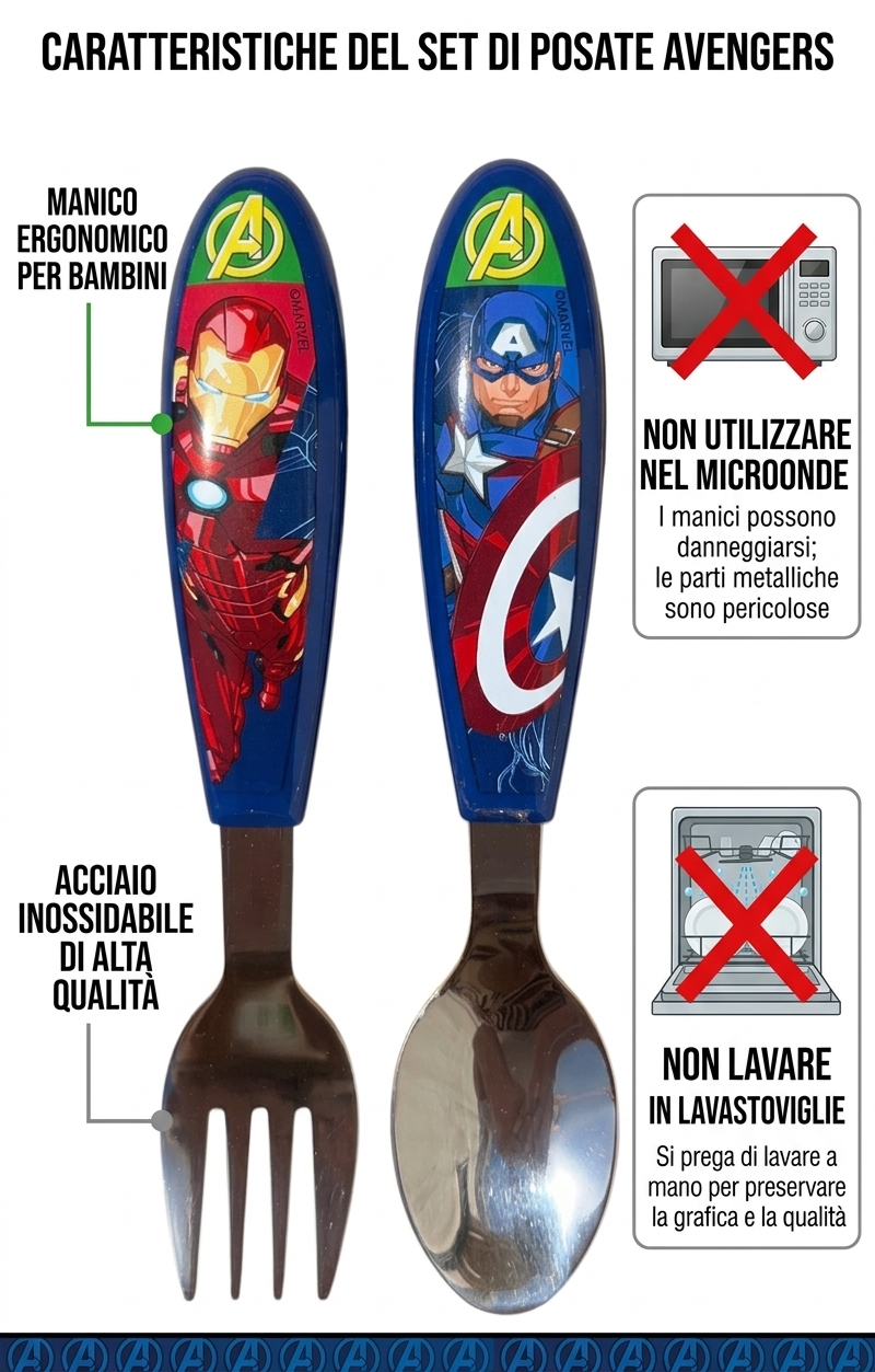 Posate Avengers MARVEL Forchetta e Cucchiaio in Acciaio Inox Manico Ergonomico- St80118