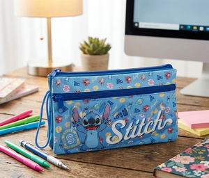 Tombolino Stitch DISNEY 3 Scomparti Bustina Astuccio Portacolori 22 CM - Lst1337-B