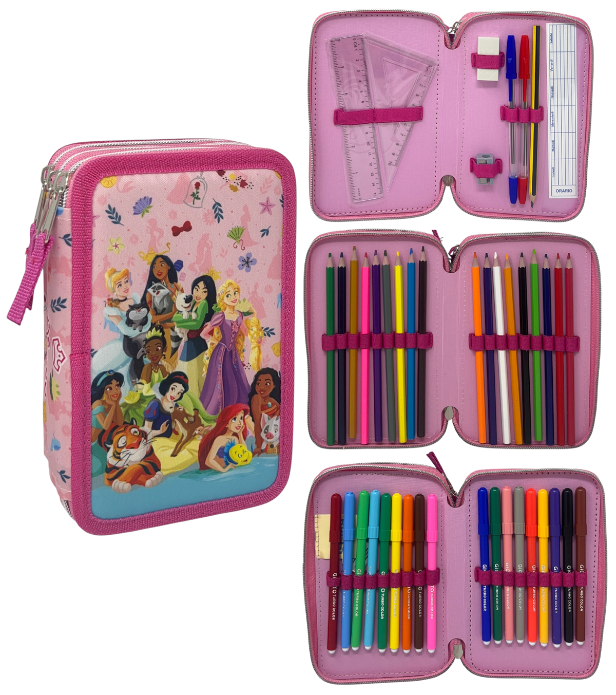 Astuccio Multiscomparto Principesse DISNEY 3 Zip per la Scuola Portacolori Giotto - Pri37-6472
