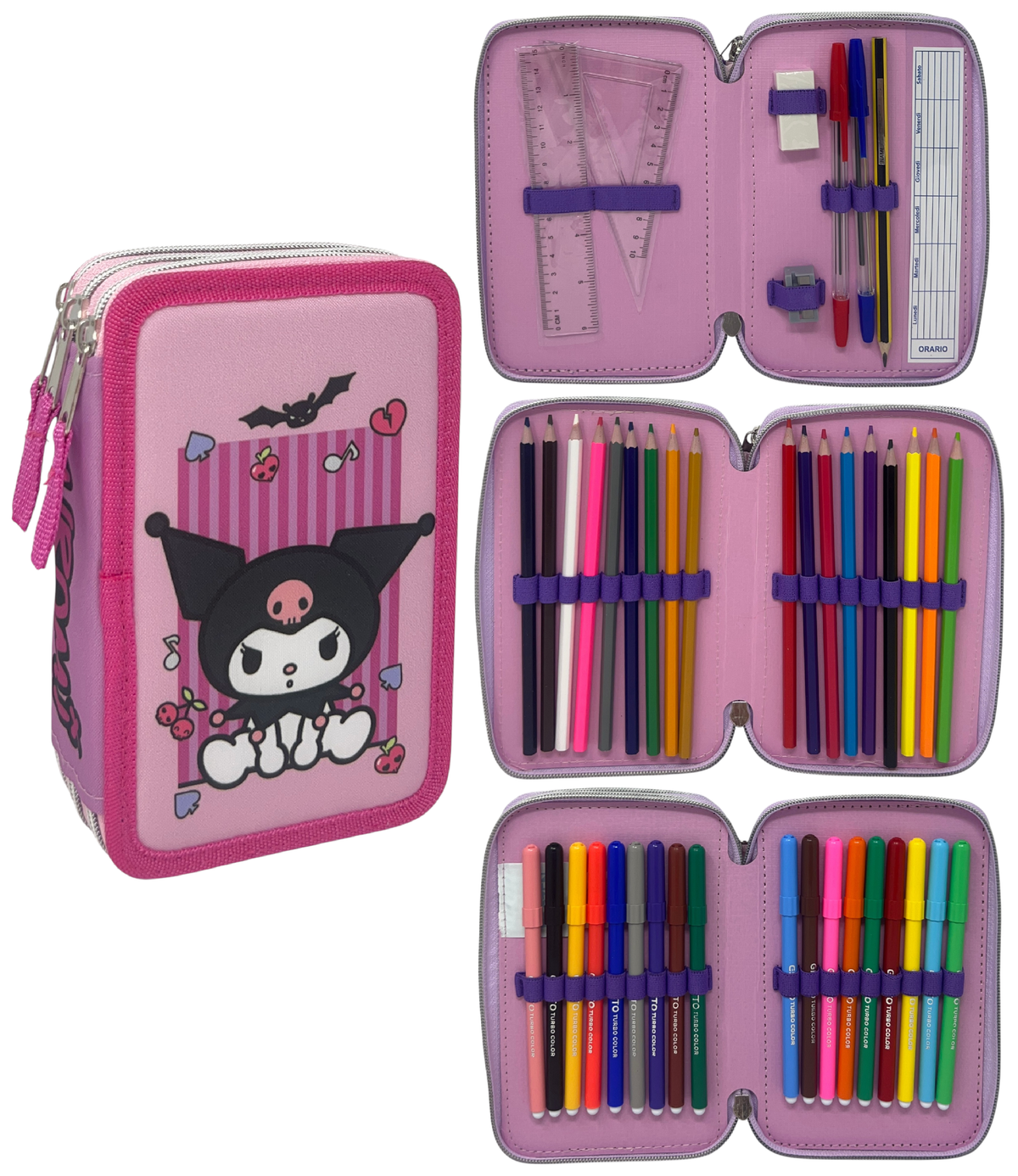 Astuccio Multiscomparto Kuromi Sanrio 3 Zip per la Scuola Portacolori Giotto - Hk37-6471