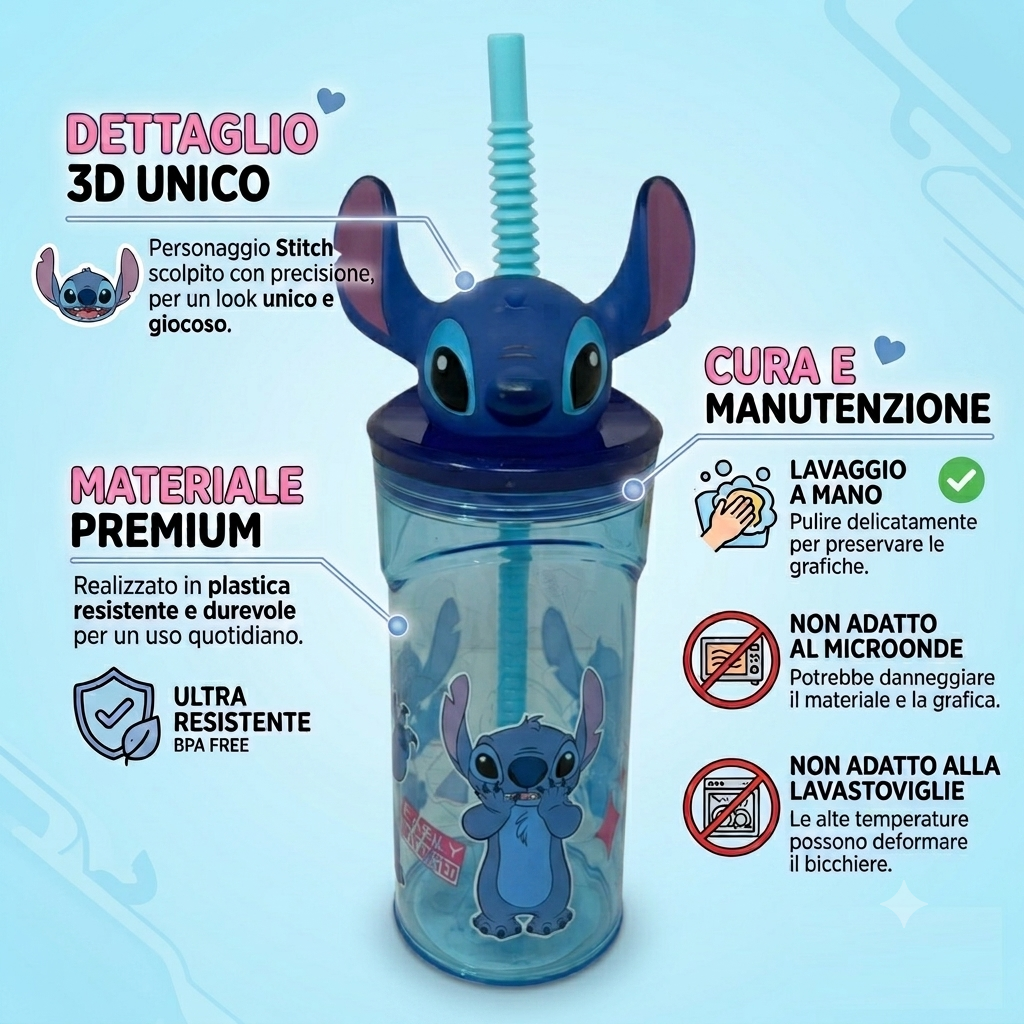 Bicchiere con Cannuccia Stitch DISNEY Personaggio 3d Bpa Free 360 Ml - 80594