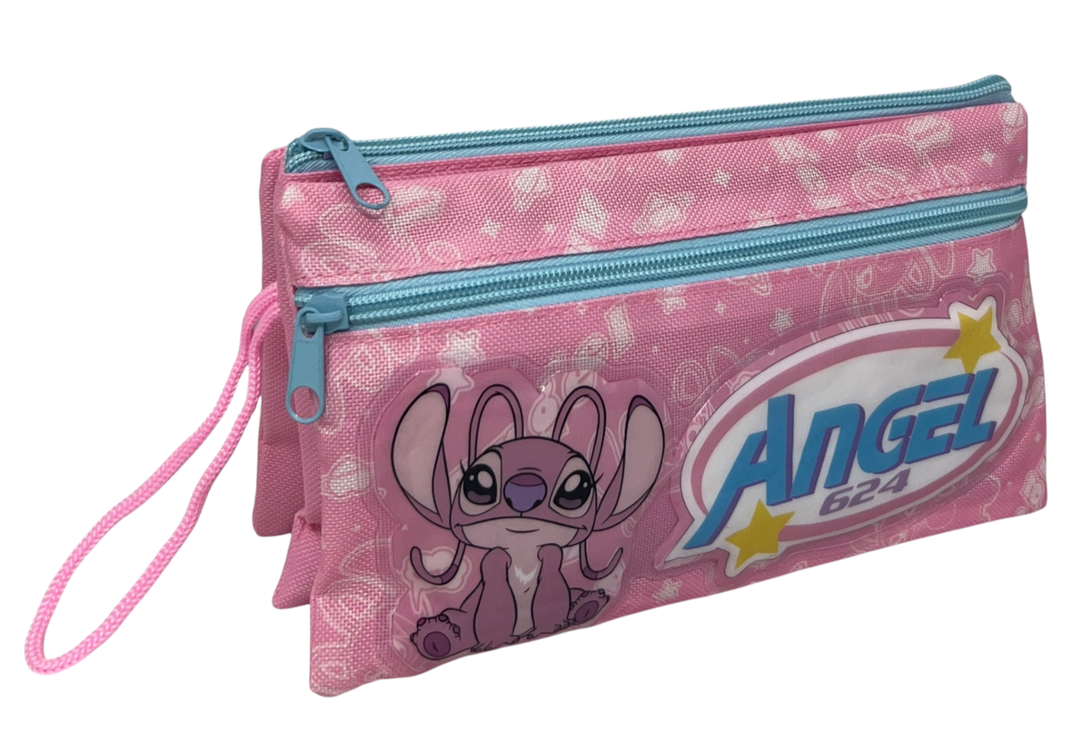 Tombolino Stitch e Angel DISNEY 3 Scomparti Bustina Astuccio Portacolori 22 CM - Lst1337-G
