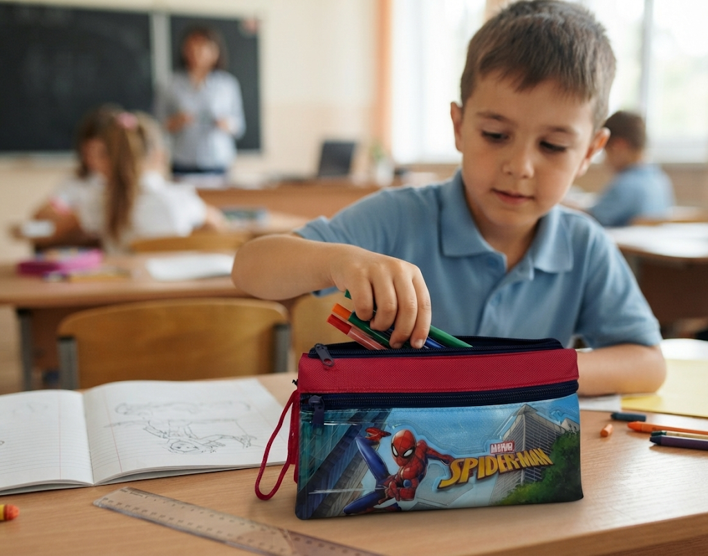 Tombolino Spiderman MARVEL 3 Scomparti Bustina Astuccio Portacolori 22 CM - Sp1337