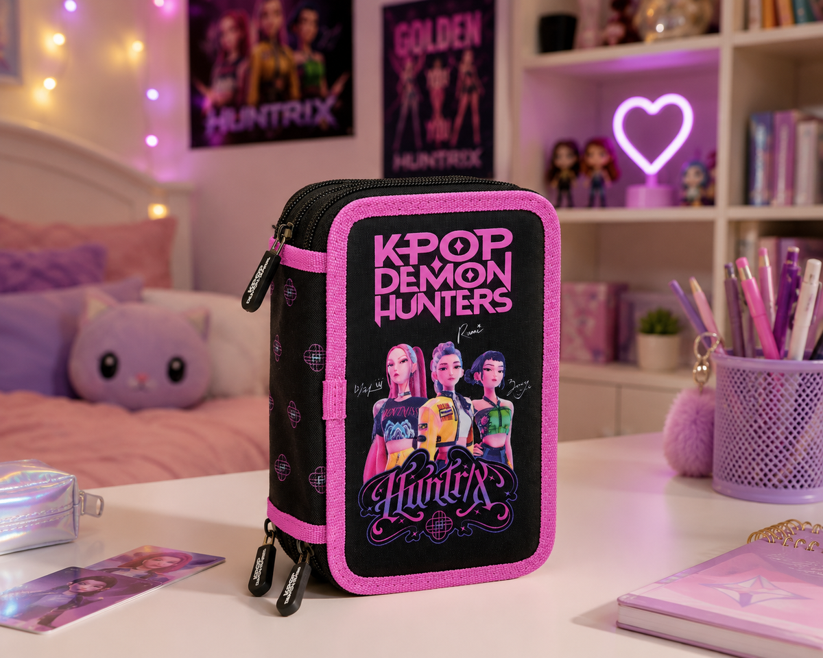 Astuccio 3 Zip Scuola Huntrix Kpop Demon Hunters Multiscomparto Portacolori - 8857