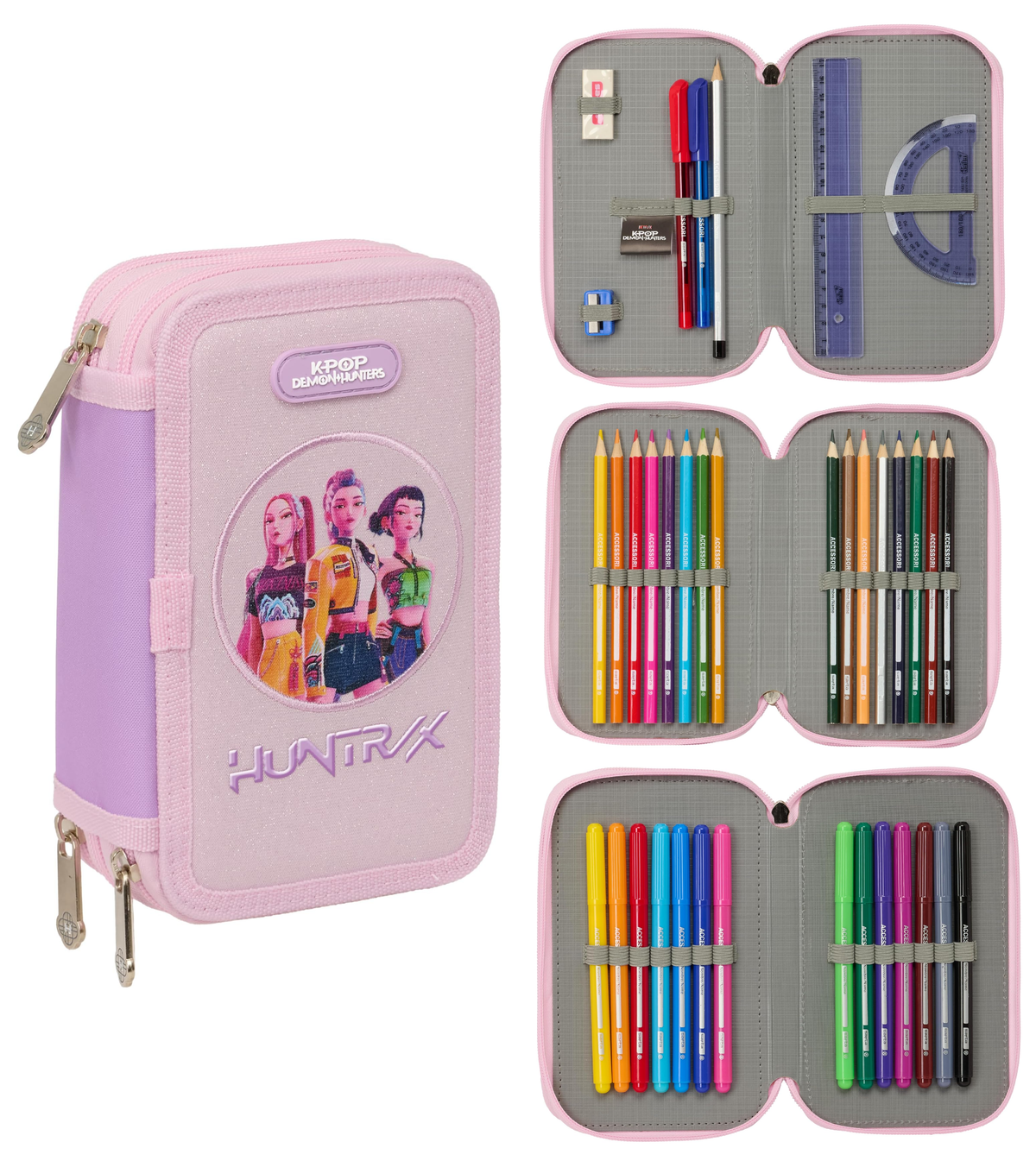 Astuccio 3 Zip Scuola Huntrix Kpop Demon Hunters Multiscomparto Portacolori - 7857
