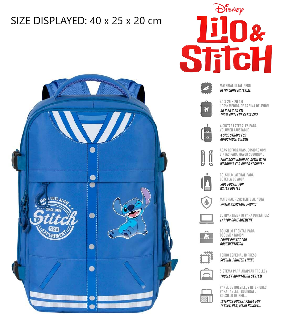Zaino da Viaggio Stitch DISNEY 40 CM Bagaglio a Mano da Cabina Adattabile a Trolley - 09260