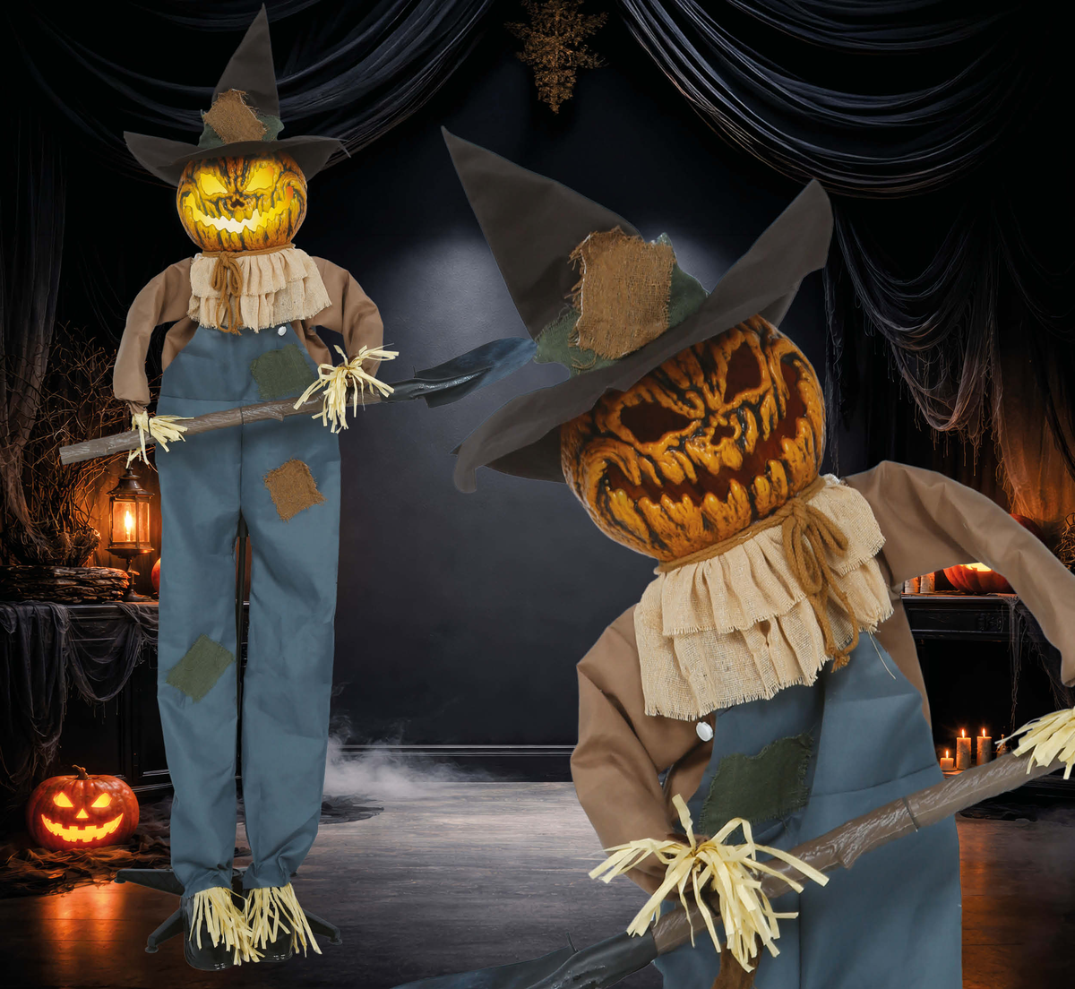 Decorazione Spaventapasseri 190 CM con Base Animato Luci Suoni e Movimento Accessorio Halloween - 29853