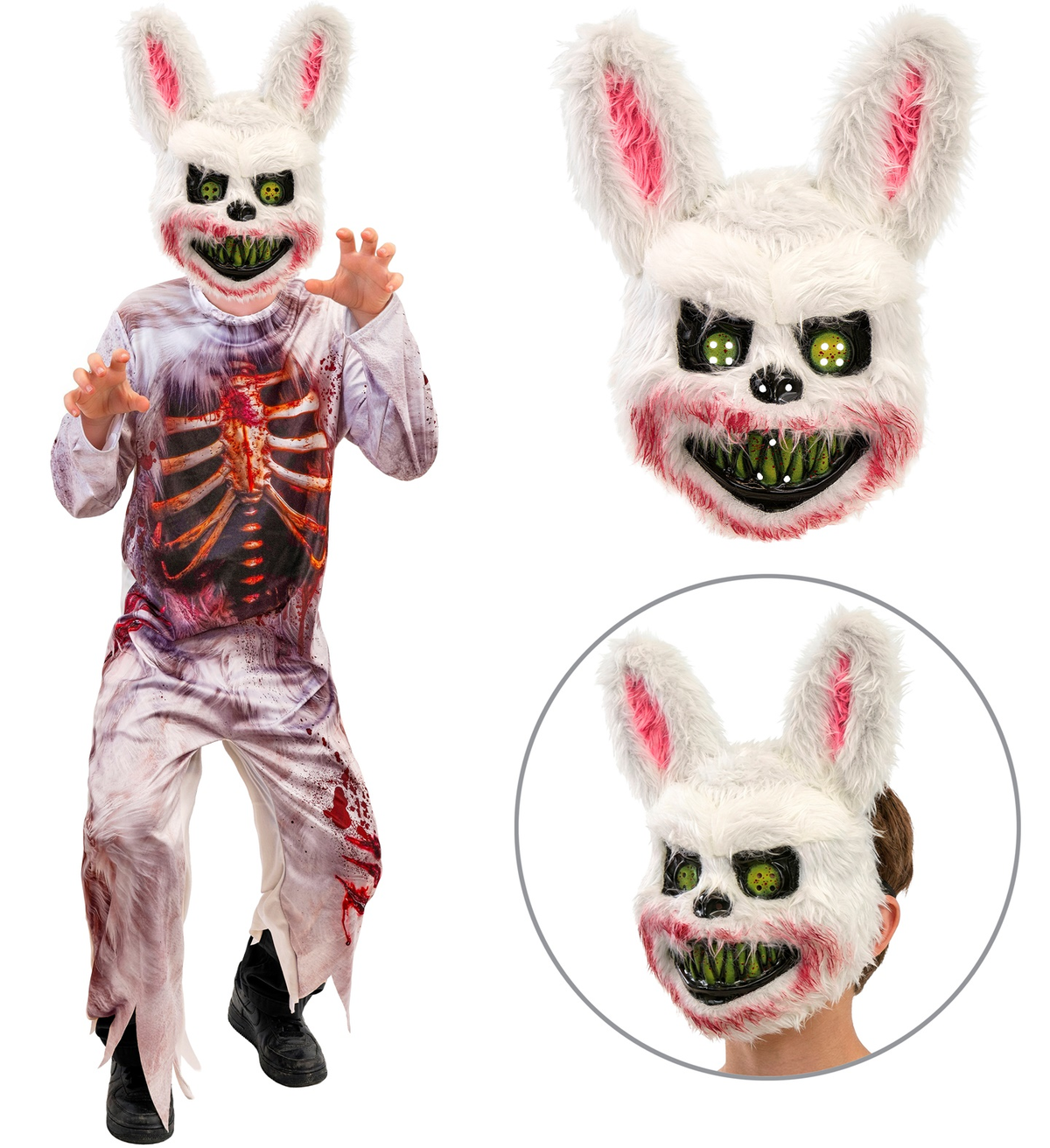 Costume Coniglio Zombie Tuta e Maschera Travestimento Halloween Carnevale Cosplay - 2152