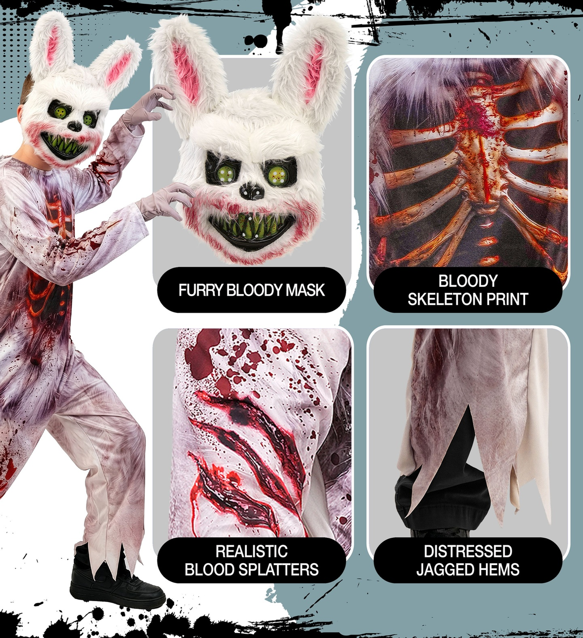 Costume Coniglio Zombie Tuta e Maschera Travestimento Halloween Carnevale Cosplay - 2152