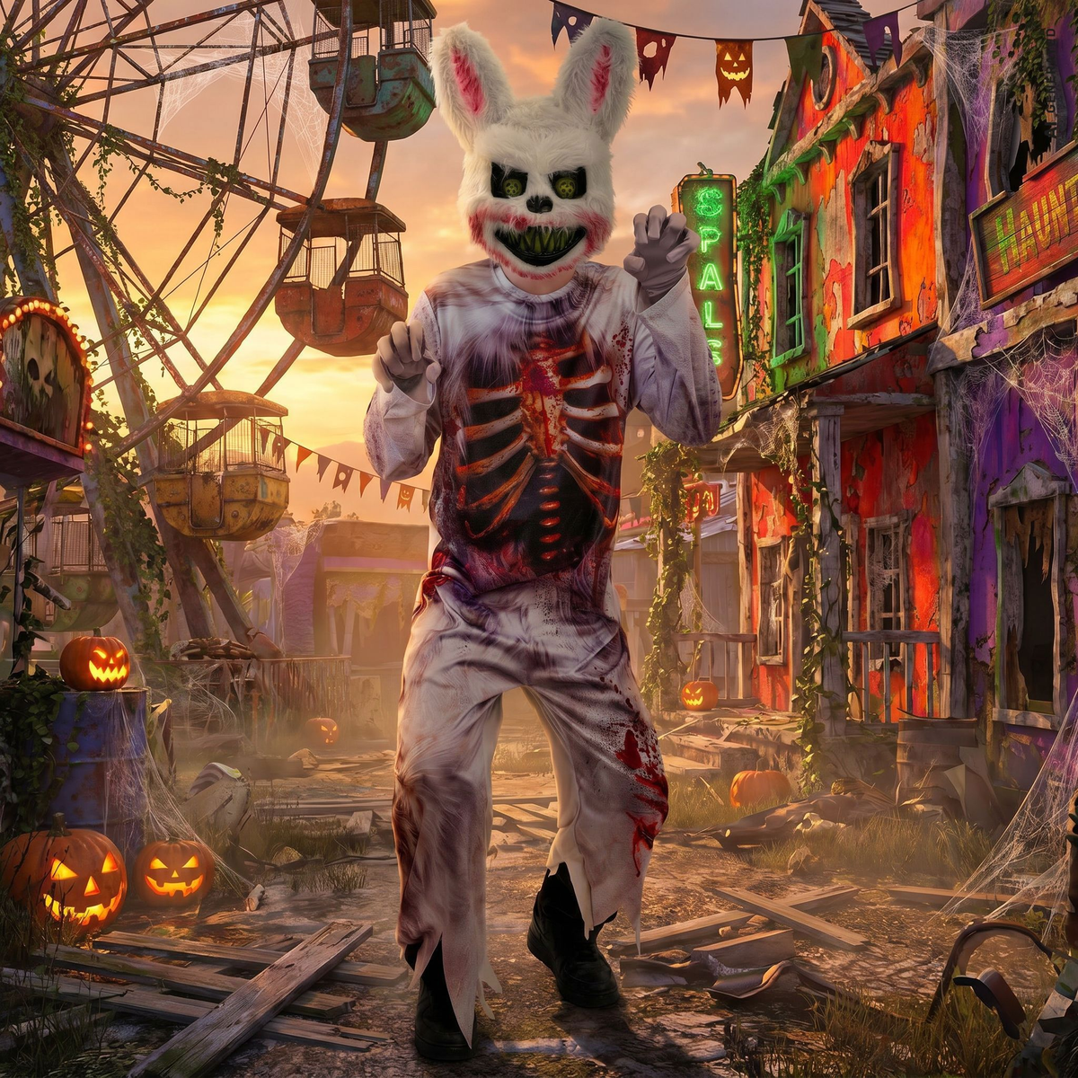 Costume Coniglio Zombie Tuta e Maschera Travestimento Halloween Carnevale Cosplay - 2152