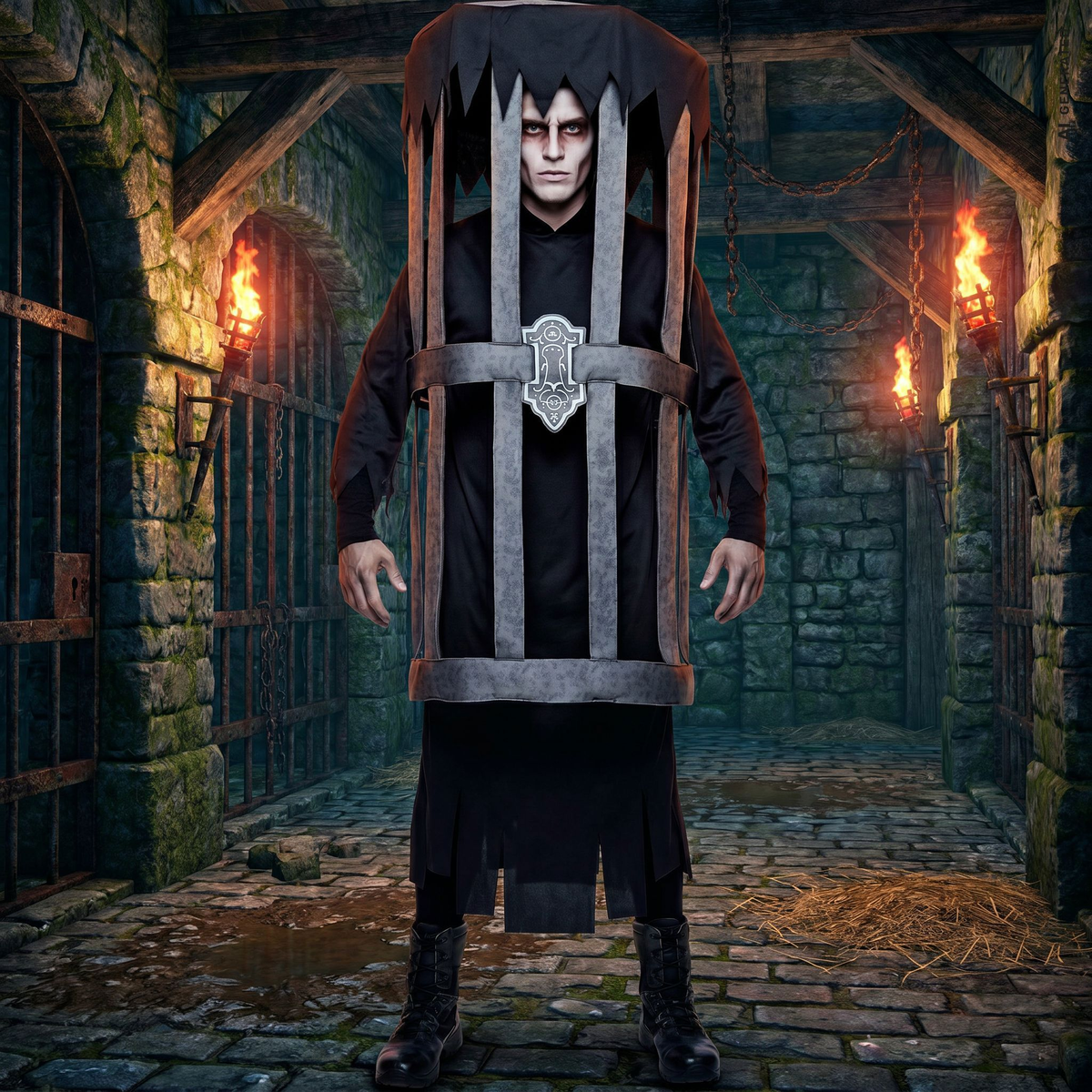 Costume Uomo Ingabbiato Tunica con Cappuccio Travestimento Halloween Carnevale Cosplay - 01182