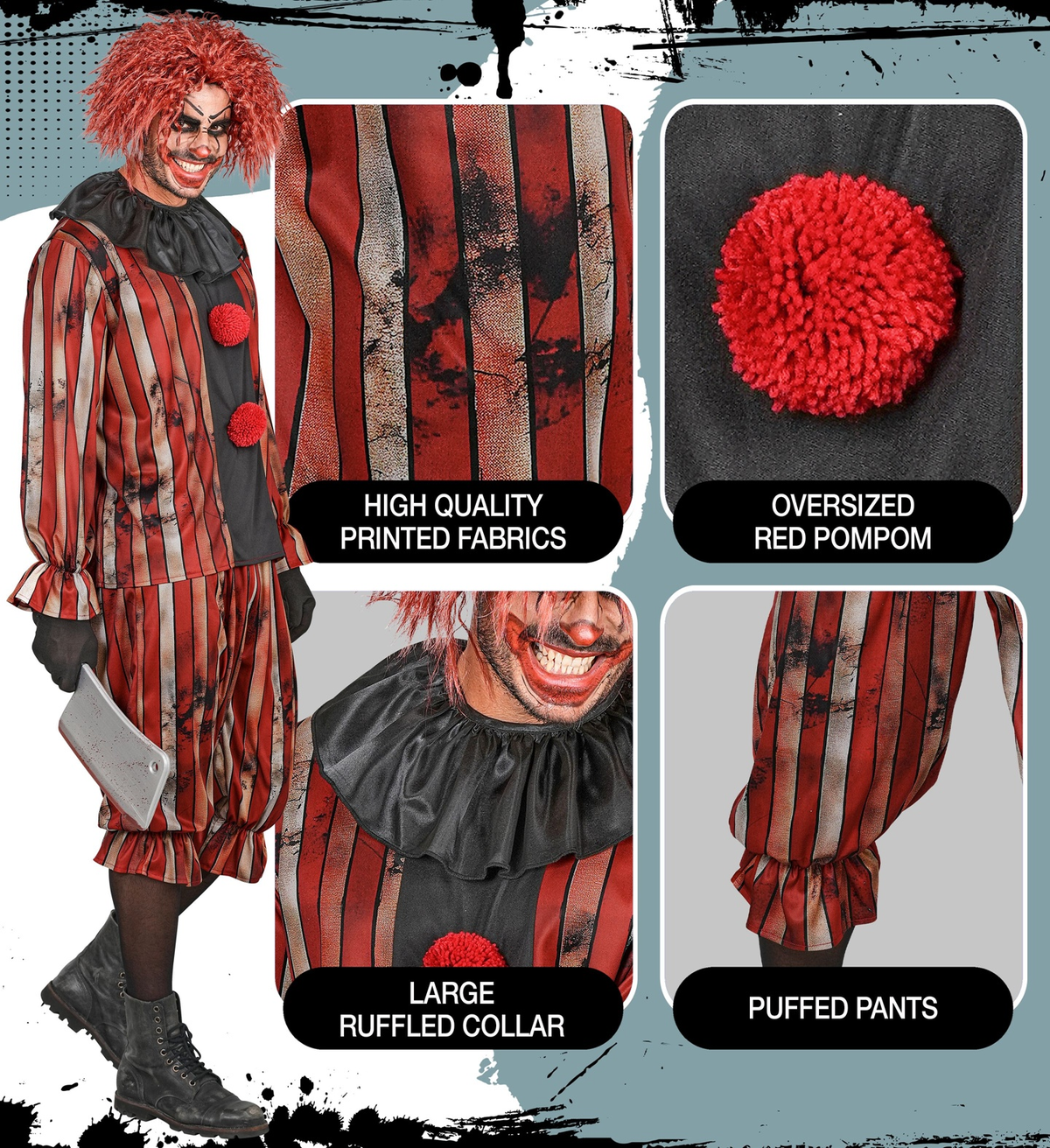 Costume Pagliaccio Malvagio Casacca e Pantaloni Travestimento Halloween Carnevale Cosplay - 6094