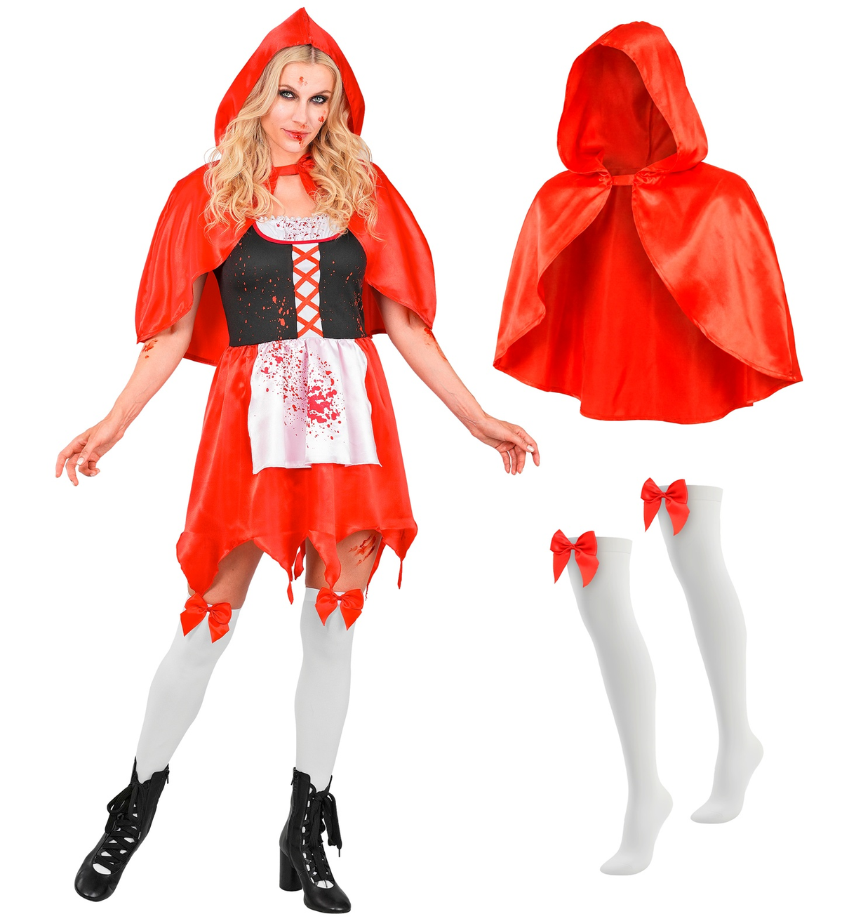 Costume Mantellino Rosso Zombie Travestimento Halloween Cosplay Cappuccetto Horror - 9344