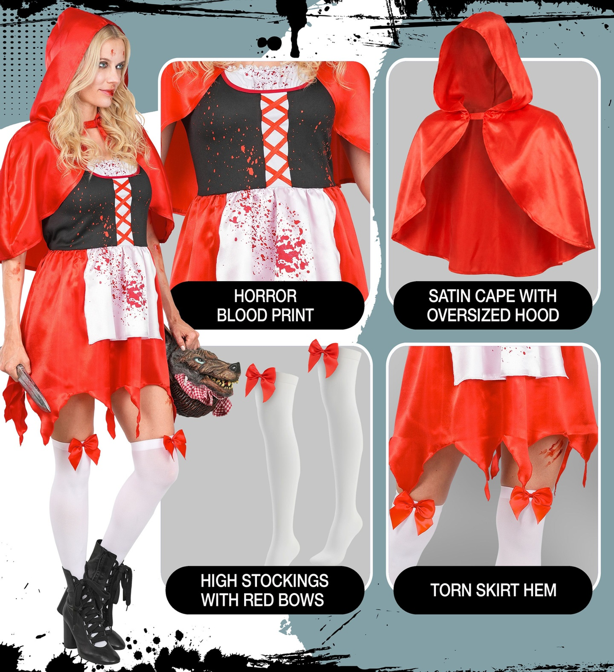 Costume Mantellino Rosso Zombie Travestimento Halloween Cosplay Cappuccetto Horror - 9344